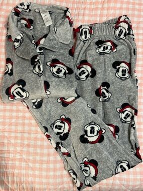 Disney Gray Mickey Mouse Santa Fleece Pajama Set with Red Accents
